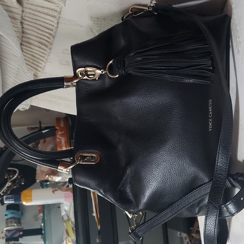Vince Camuto Elva Black Pebble  Leather Satchel Crossbody Bag